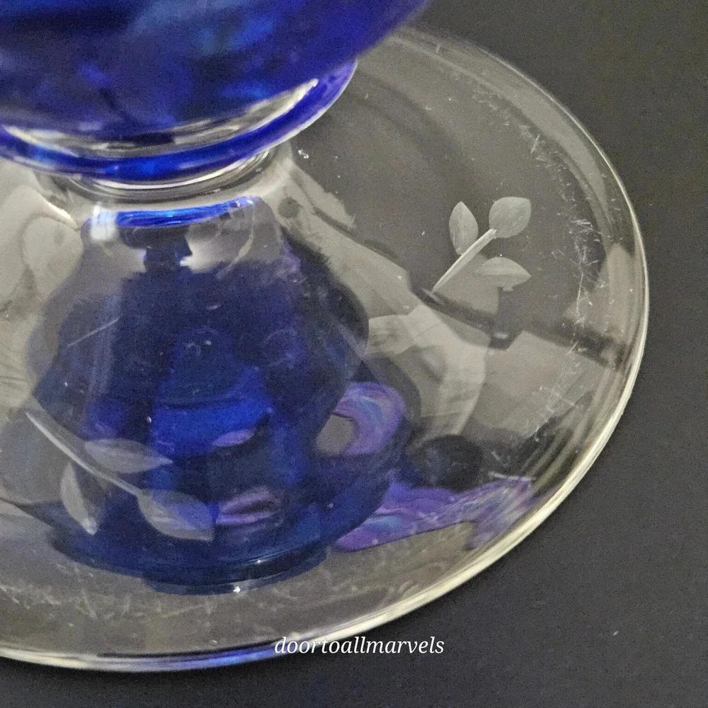 VTG Val St Lambert Footed Vase Cobalt Blue Cut-to-Clear Crystal Europe Art Deco